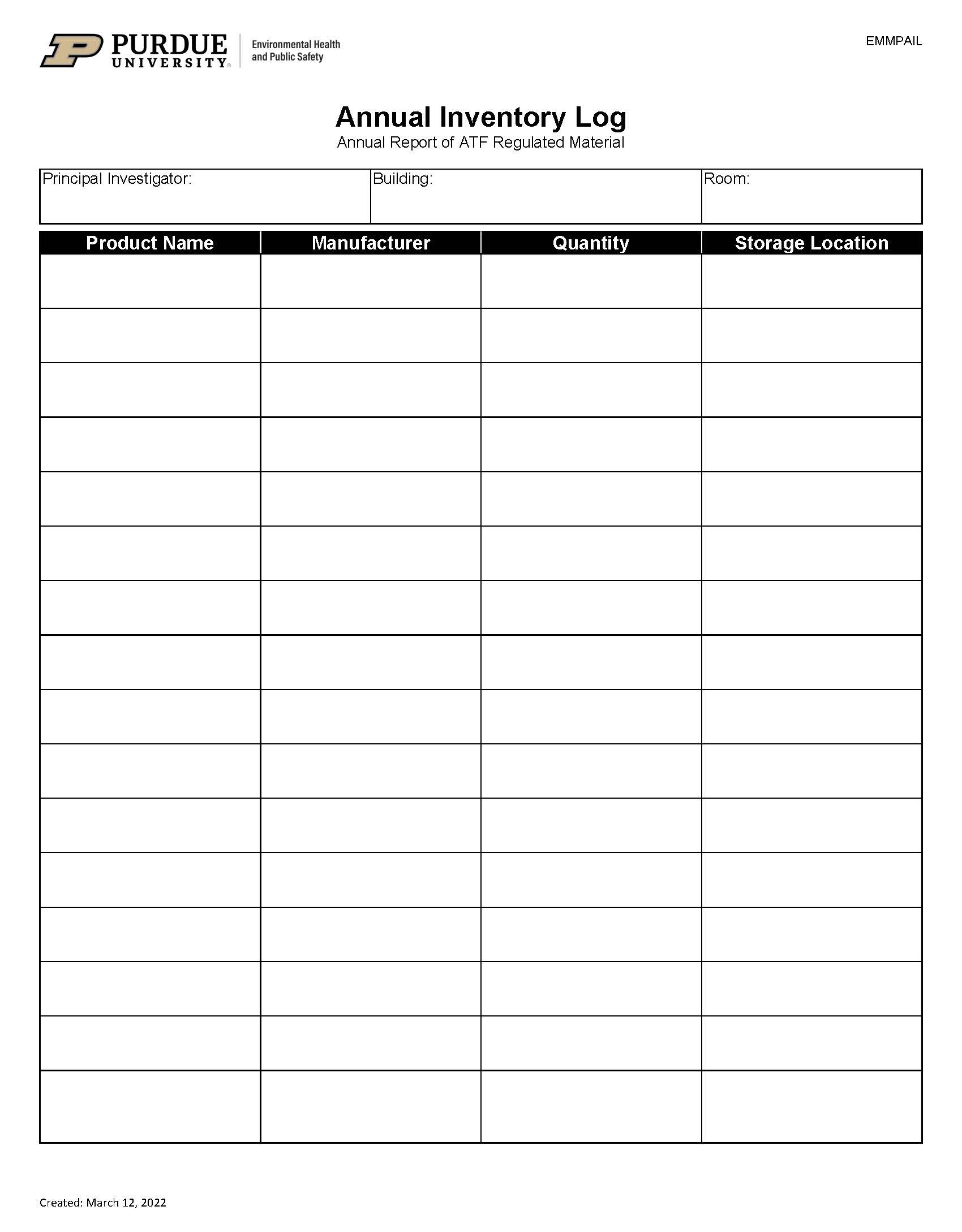 Energetic Materials Management Plan Annual Inventory Log